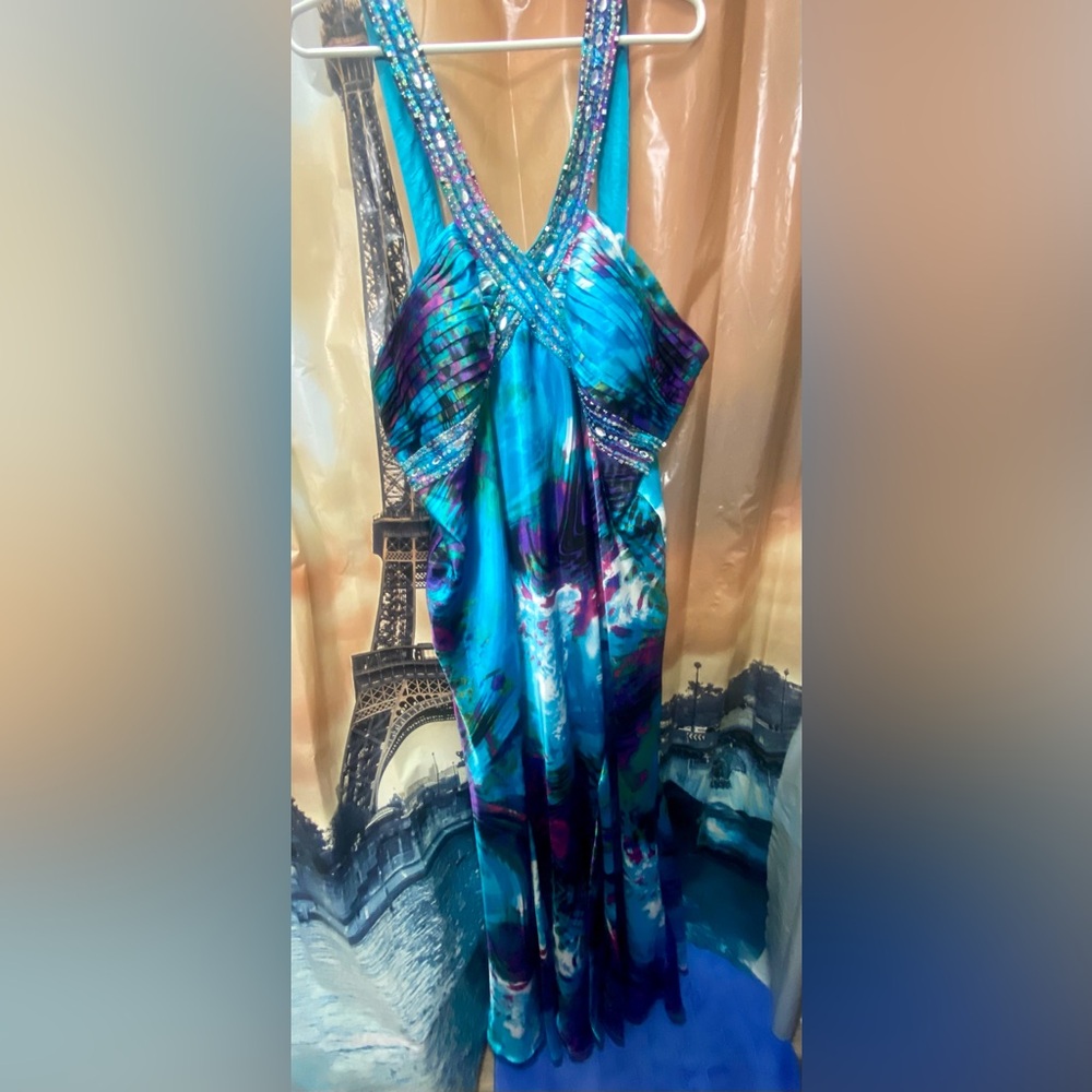 Fancy jeweled long dress; beading: front + backstraps; 64” long pink too